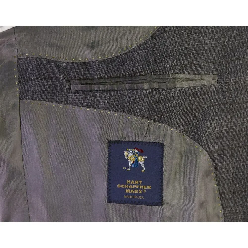 Hart Schaffner Marx Very Recent Gray Windowpane Plaid 2-Btn Wool Suit 44L